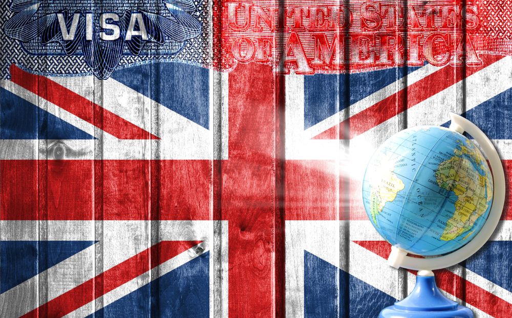 Britanska zastava Union Jack na drvenoj pozadini, sa globusom i natpisom VISA u gornjem levom uglu